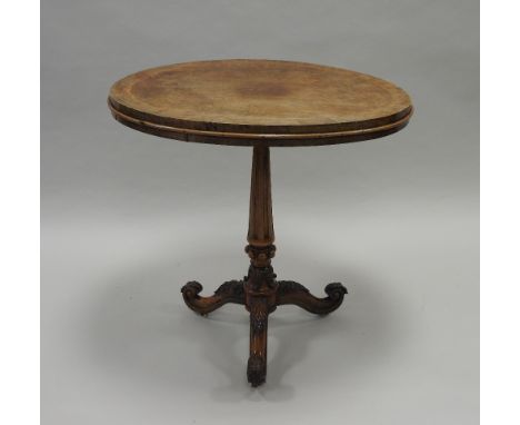 A Victorian walnut and crossbanded oval pedestal occasional table on slender tapering column and tripod base terminating in l