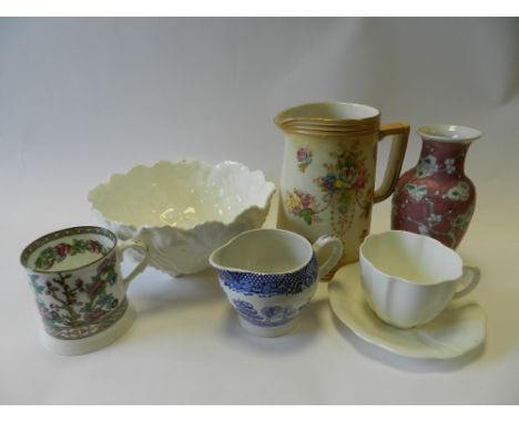 Three trays to include Royal Crown Derby and Coalport white glazed tea wares, Indian Tree, Crown Devon blush ivory floral jug