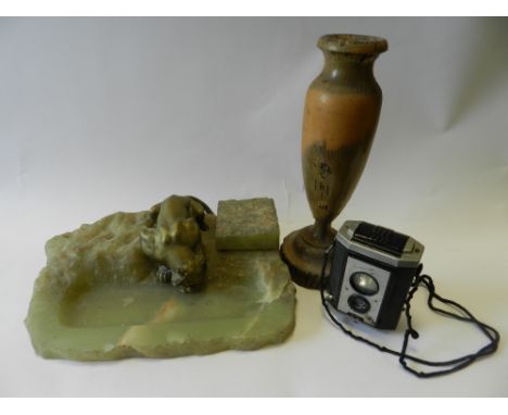 Three vintage cameras including a No. 2 Brownie by Kodak, an Australian wooden vase and an alabaster table lamp standard, a p