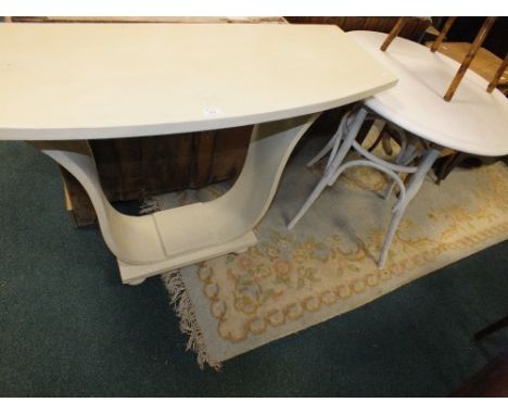 A modern cream painted bowfront console table along with a square bamboo two tier occasional table and one further bamboo occ