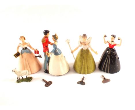 Four Wells Brimtoy clockwork figures, Cinderella and Prince Charming, dancing Fairy Queen, Spanish dancer plus Mary and Her L