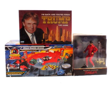 Boxed Playmates Michael Jackson Thriller figure, Kung Zhu Giant Battle Arena plus Donald Trump game