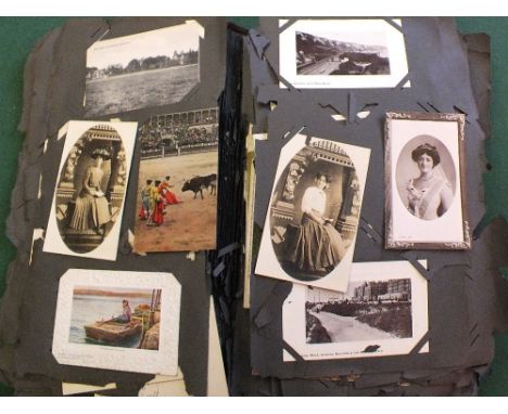A large album of postcards including Rotary Scott Memorial, Chatham Naval Barracks, hop pickers, actors and actresses 
