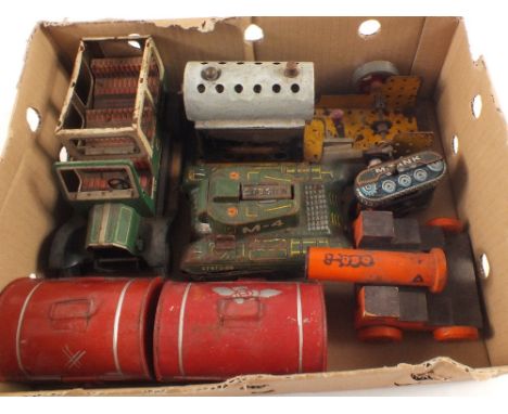 Items of tin plate including Meccano steam engine, tanks etc