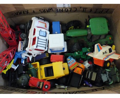 Two boxes of Corgi, Matchbox, Britians and die cast plus other toys etc