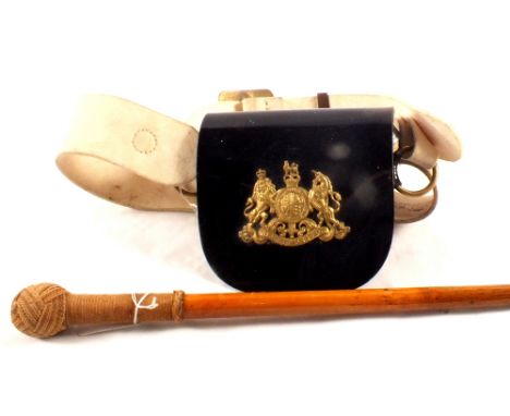 A Household Cavalry badges pouch with buff shoulder belt and an unusual swagger stick
