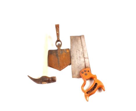A 'wartime tension saw', 1944 dated entrenching tool head and a hammer