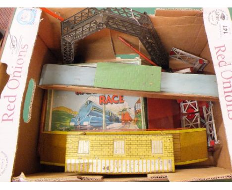 Bing 0 gauge level crossing, German 0 gauge footbridge with signals, Brimtoy tin plate Joy Town station and wooden station wi