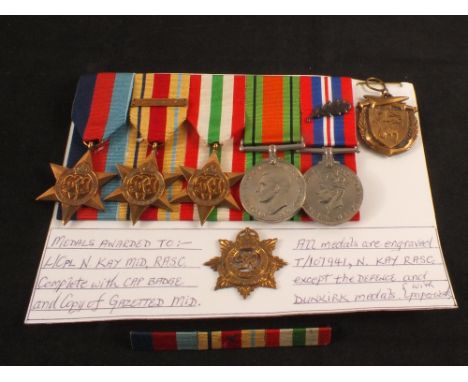 A group of five WWII medal to L.Cpl N.Kay M.I.D. R.A.S.C., three Stars including Africa with 8th Army clasp, with War and Def