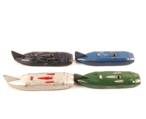 Four Dinky 23m Thunderbolt speed cards, green and silver, light blue and silver, red and silver plus dark blue