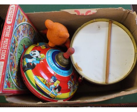 Chad Valley tin plate drum, spinning top plus other items