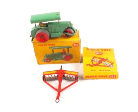 A boxed Dinky 251 Aveling Barford roller with mid green body and 322 disc harrow (no end flaps)