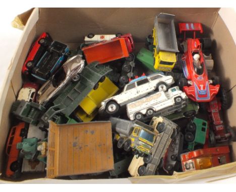 A box of assorted play worn Matchbox, Dinky, Corgi etc