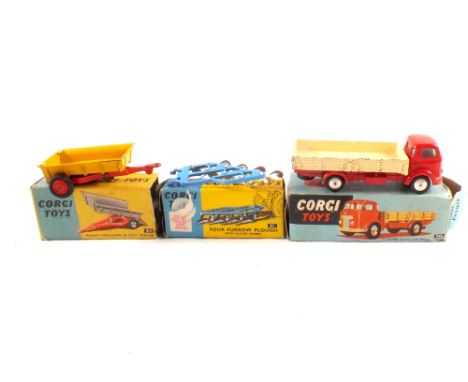 A boxed Corgi 452 Commer dropside lorry, 51 Massey Ferguson trailer and 61 four farrow plough (some end flaps detached)