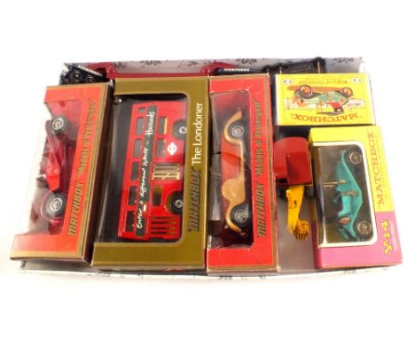Boxed Matchbox models, Y14 1911 Maxwell Roadsters in blue and yellow and blister boxes, the Londoner Bus, Y11 1938 Lagonda Co