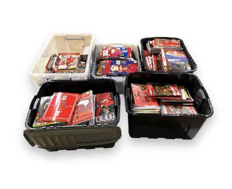 Five large, heavy boxes (20kg+ each) - each containing c 150 Liverpool football programmes and magazines c 1980s - 2010s. Mos