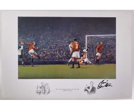 An art print 'Eric Cantona's Winning Goal at Wembley 1996' by Marc Grimshaw (51 x 34cm) signed by Eric Cantona and artist Mar