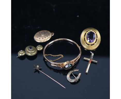 Various jewellery, including gold plated Pietra Dura hinged bangle, amethyst brooch, turquoise horseshoe brooch etcLot sold a