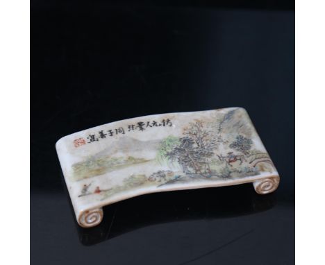A Chinese enamel and hand painted ceramic brush rest,  with character marks, length 11cm 