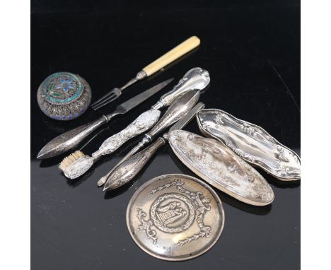 A collection of silver-handled manicure items, a Continental filigree silver and enamel box etc 