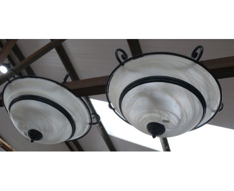 A pair of Art Deco style opaque glass ceiling light bowls, with metal mounts, diameter 50cm approx 