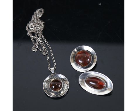 3 x Vintage Danish stylised sterling silver and amber pieces of jewellery, comprising pendant necklace and 2 x brooches, make