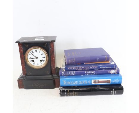 A slate-cased 8-day mantel clock, height 24cm, and various books on clocks and watches 