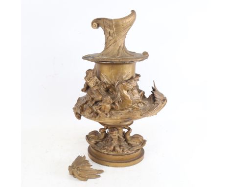 An Antique spelter lamp base, with moulded figures and birds, height 48cm 