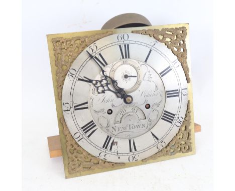 An 8-day brass-face longcase clock movement with calendar, second hand and strike by John Vokins, Newtown, height 28cm 