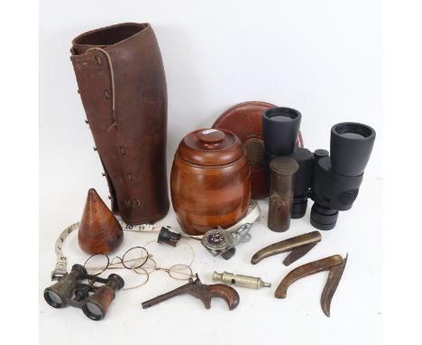 Various collectables, including Rabone 110 ft measuring tape, tobacco jar made from First War Period British aircraft propell
