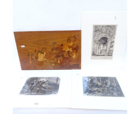 An Italian marquetry inlaid picture, 31cm x 48cm, and 3 x 19th century prints and engravings (4) 