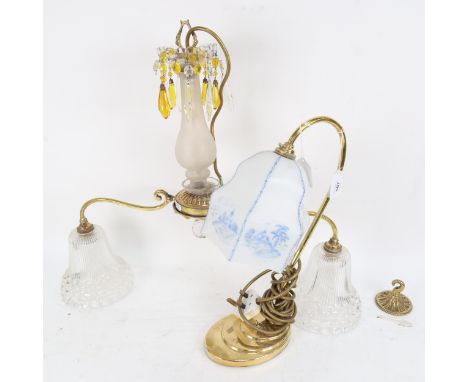 An Antique brass twin-branch ceiling light, and a brass desk lamp, with milk glass shade (2) 