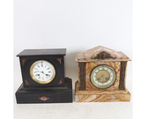 An early 20th century veined marble-cased 8-day architectural mantel clock, height 23cm, and a slate-cased mantel clock (2) 