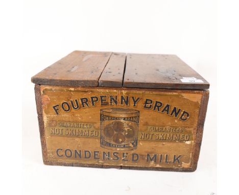 A Vintage pine crate for Fourpenny Brand Condensed Milk, with hinged lid, 31cm x 33cm 
