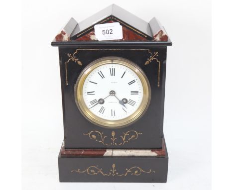 A slate and coloured marble cased 2-train mantel clock, by F Cole of Cambridge, height 29cm 