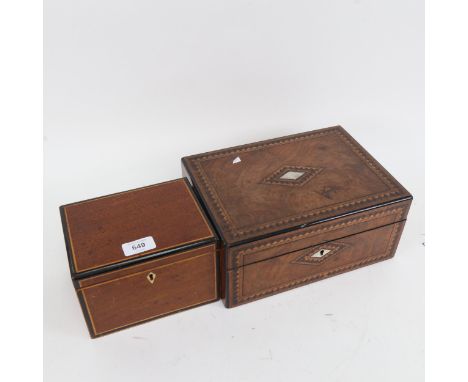 A 19th century box with inlaid decoration, length 27.5cm, and a 19th century tea caddy with inlaid stringing 