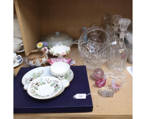 A pair of Antique glass decanters and stoppers, height 28cm, paperweights, Royal Worcester items, Doulton pot etc 