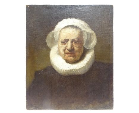 Early 20th century oil on canvas, portrait of a Dutch woman wearing a ruff, unsigned, 61cm x 51cm, unframed 
