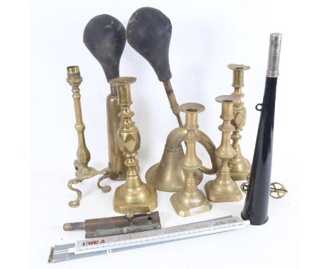 Various brass, including Vintage car horns and candlesticks 