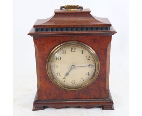 An early 20th century French amboyna wood Pagoda mantel clock, case height 19cm, working order 