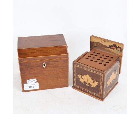 A 19th century partridge wood tea caddy, width 12cm, and a Japanese marquetry inlaid cigarette box (2) 