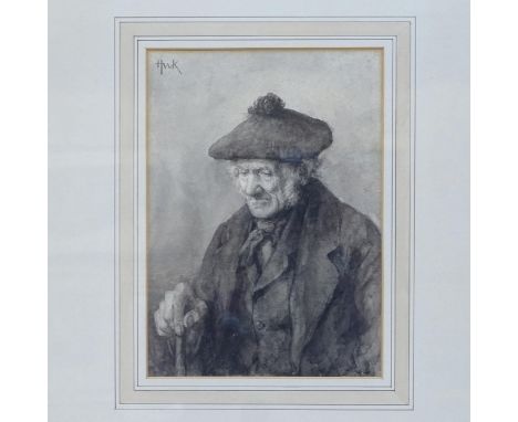 19th century monochrome watercolour, portrait of a Scotsman, signed with monogram, Edinburgh framing label verso, image 22cm 