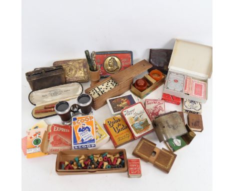 Various Vintage toys and games, First World War Queen Mary Christmas tin, fountain pens etc (boxful) 