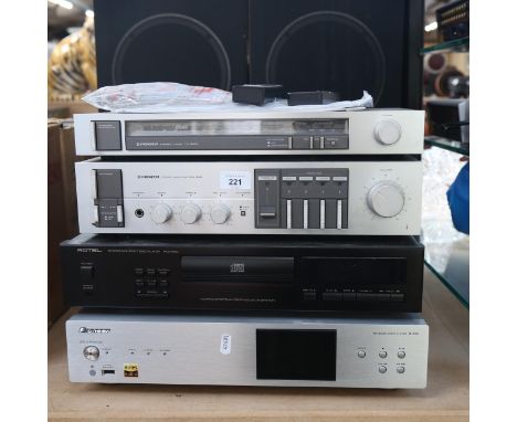 Various stacking Hi-Fi systems, including Pioneer stereo tuner, Pioneer stereo amplifier, Pioneer network audio player, Rotel