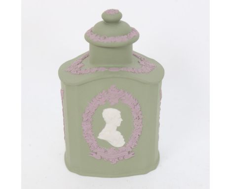 A Wedgwood green Jasperware Charles and Diana commemorative tea caddy, height 16cm 