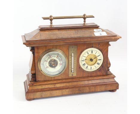 A 19th century walnut desk-top combination clock/barometer/thermometer, with brass carrying handle, length 30cmGenerally good