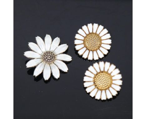 BERNHARD HERTZ - pair of sterling silver and white enamel daisy pattern earrings, and a Jemax floral design enamel brooch 