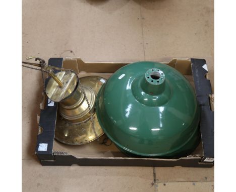 2 green enamel light shades, and another 