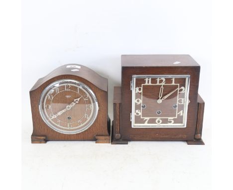 An Art Deco oak-cased 3-train mantel clock, height 23cm, and a Smiths mantel clock 
