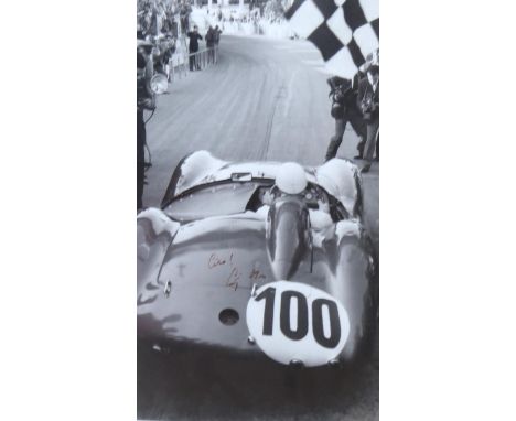 Vintage motor racing photographs, including signed Stirling Moss, Tony Brooks, and Les Leston, signed